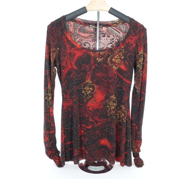 Vintage Tops - Women's | Mesmerize | Red Golden Black Shimmer Paisley Edgy Scoop Blouse Top